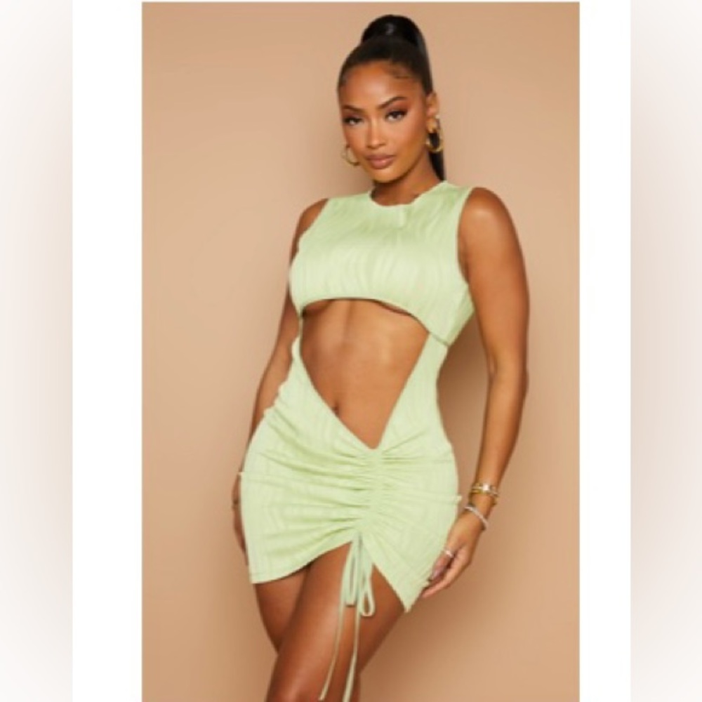 Lime Textured Cut out Ruched Side bodycon dress